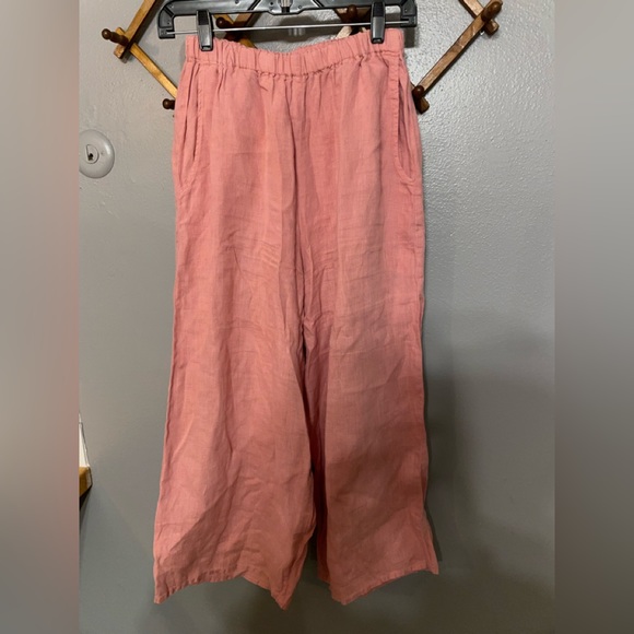 FLAX Lagenlook Light baby Pink Linen Wide Leg Pull On Capri Pants Pockets - Picture 7 of 7